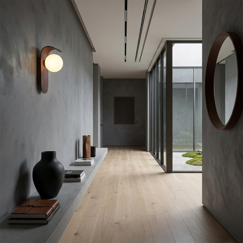 Lights & Brights Modern Timber Globe Wall Lamp – Metal & Glass
